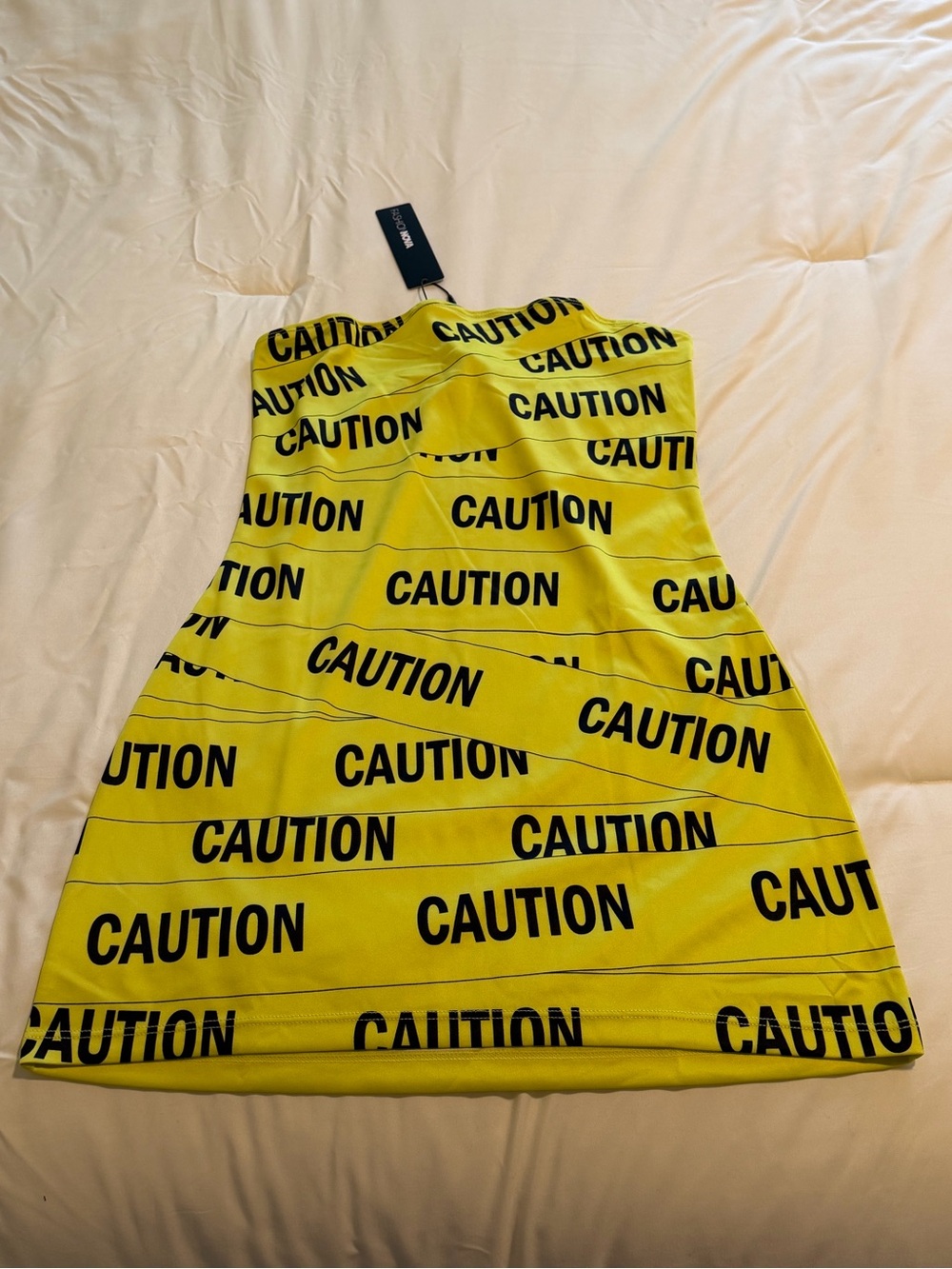 Fashion Nova Yellow 'CAUTION' Strapless Mini Dress
